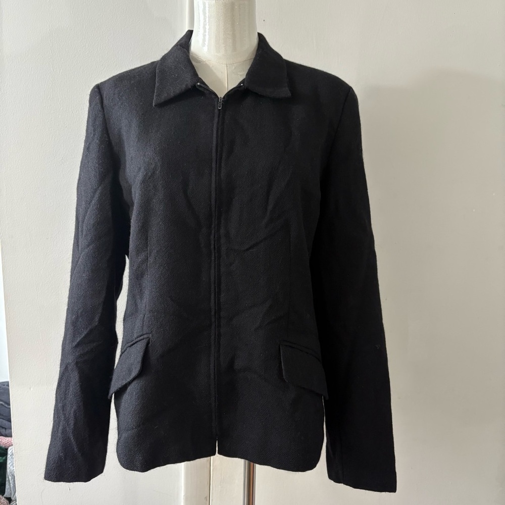 Vtg Sag Harbor Sz 12 100% Pure‎ Wool Black Lined  Full Zip Up Jacket Collared